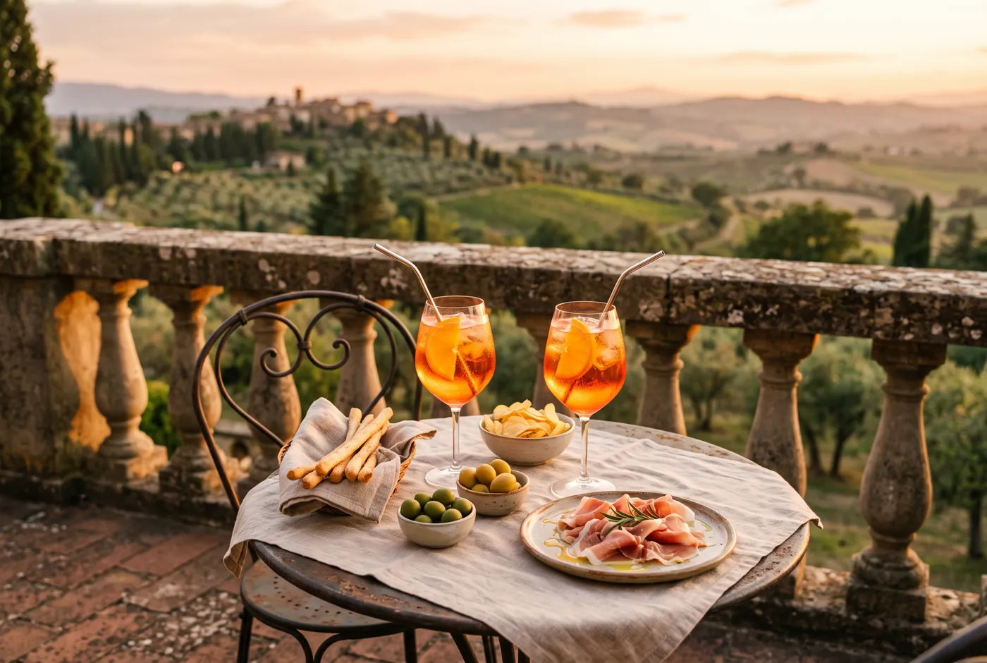 An Italian terrace table with Aperol spritz, olives and breadsticks