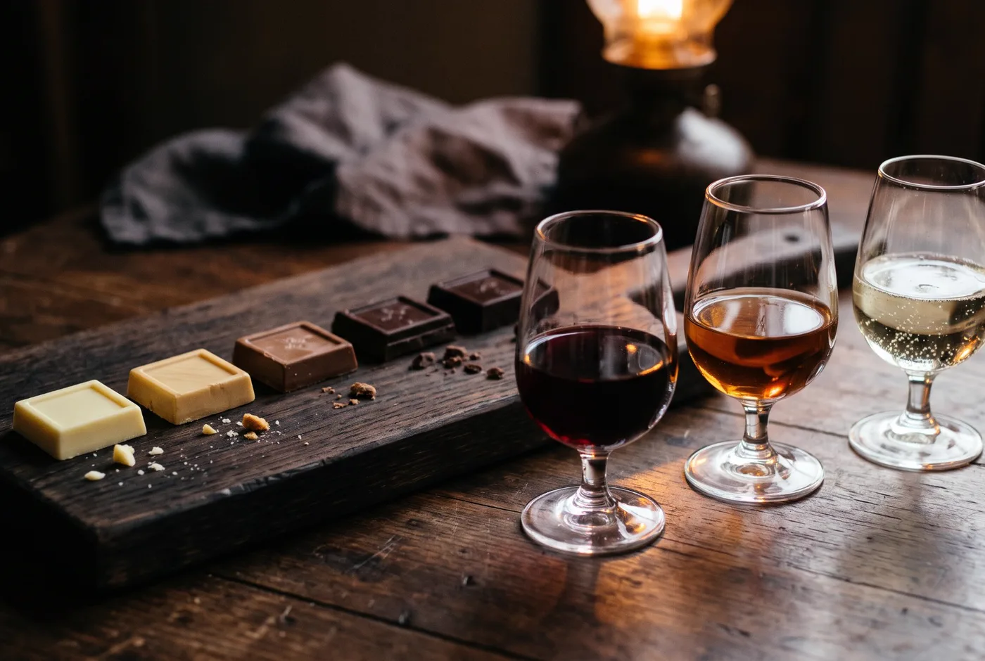 Five squares of chocolate from white to dark on a rustic wooden board beside glasses of ruby wine, tawny Port and sparkling wine