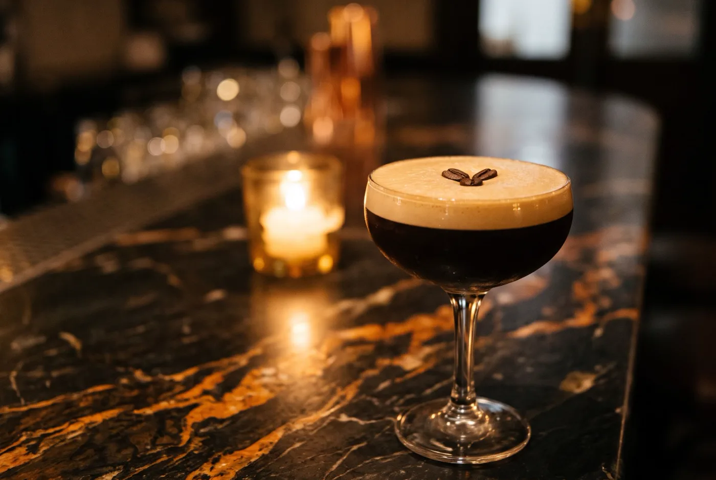 An espresso martini with a thick pale foam and three coffee beans on a black marble bar with orange veins