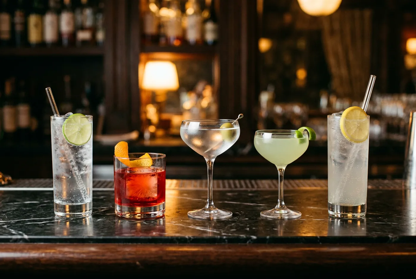 Five different gin cocktails lined up on a dark marble bar