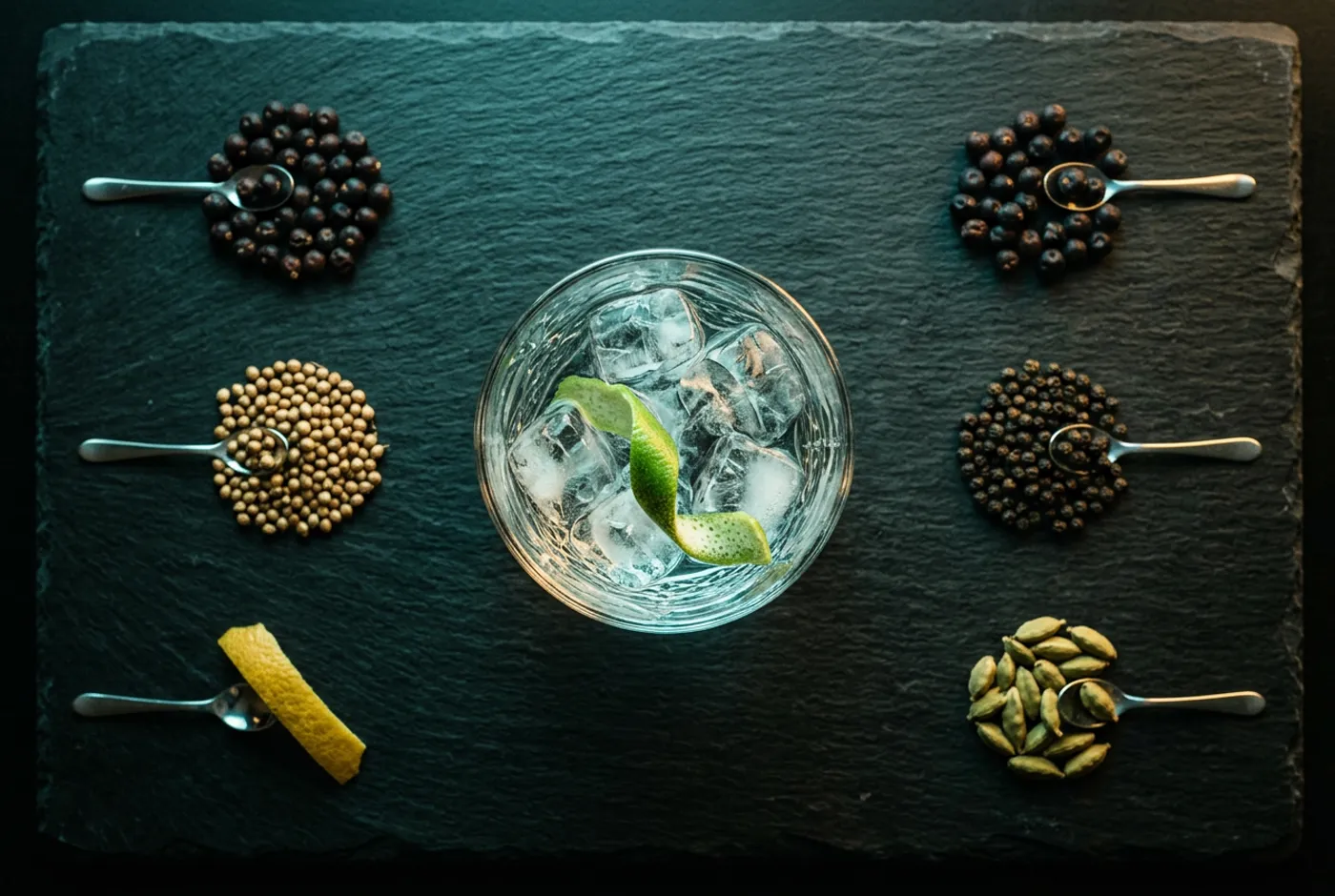 A gin glass surrounded by small piles of juniper, coriander, lemon peel, cardamom and peppercorns on dark slate