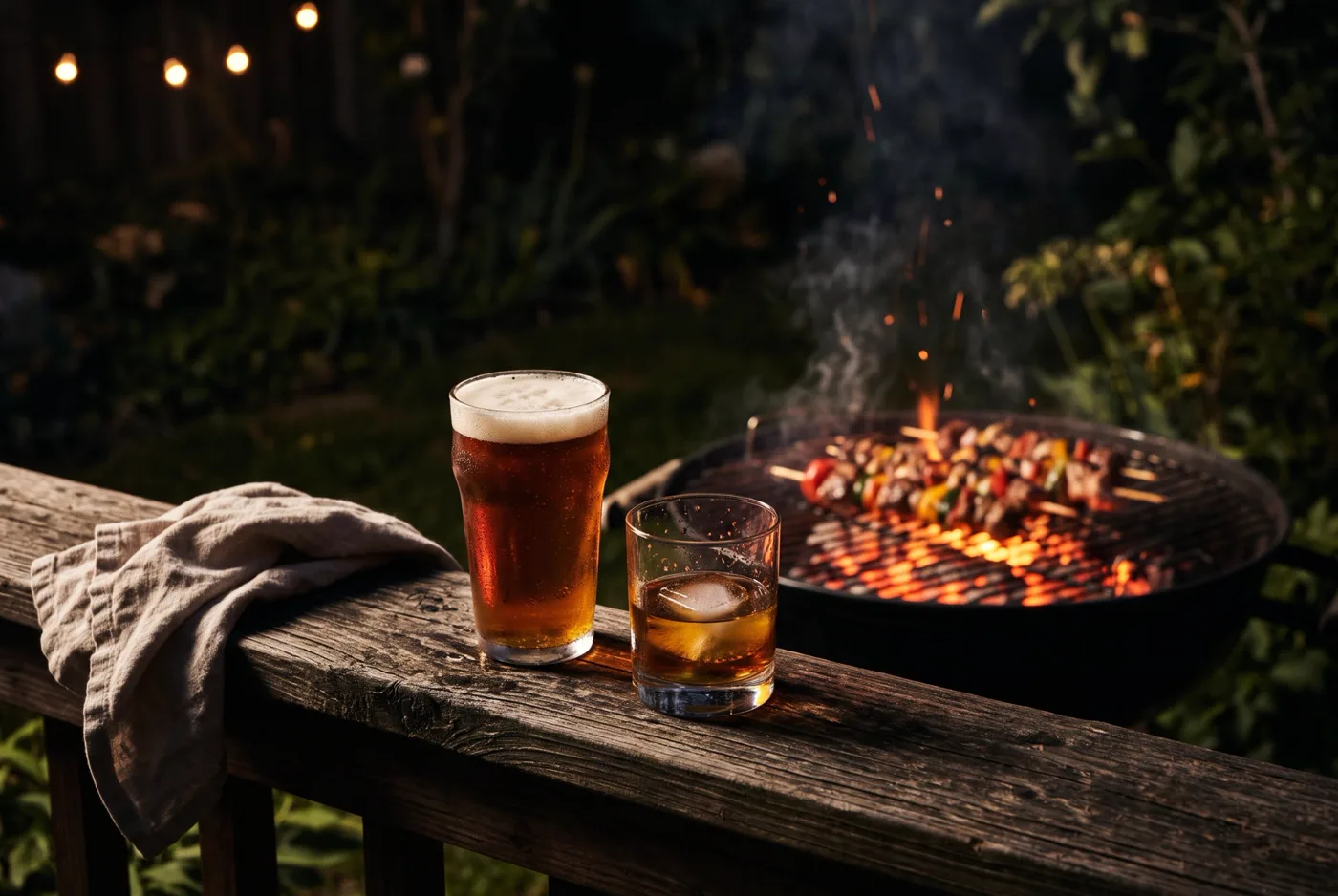 A pint of amber beer and a glass of whisky on a wooden rail beside a glowing barbecue grill at night