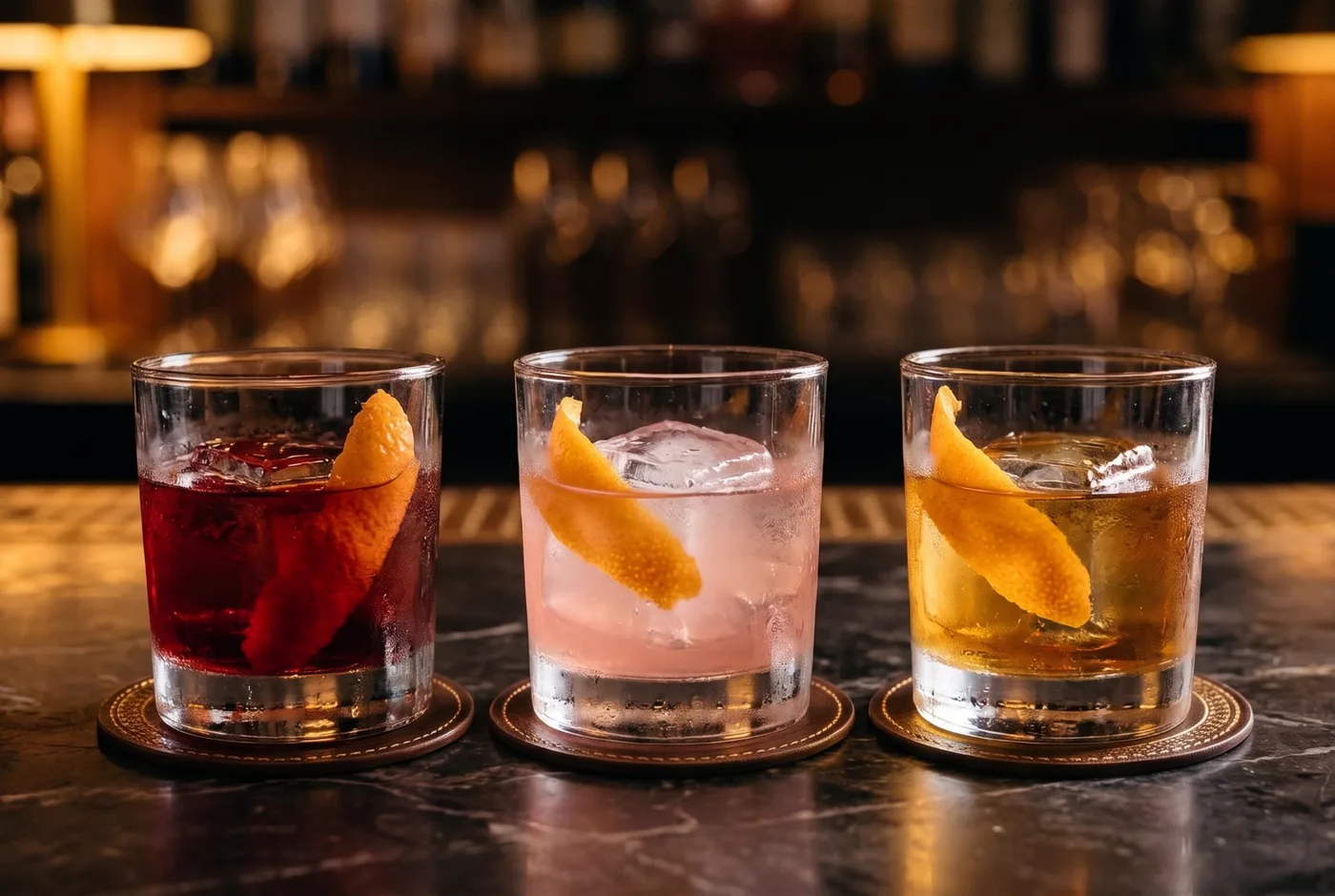 Three rocks glasses on dark marble, one deep ruby red, one pale pink and one golden, each with a large ice cube and an orange peel