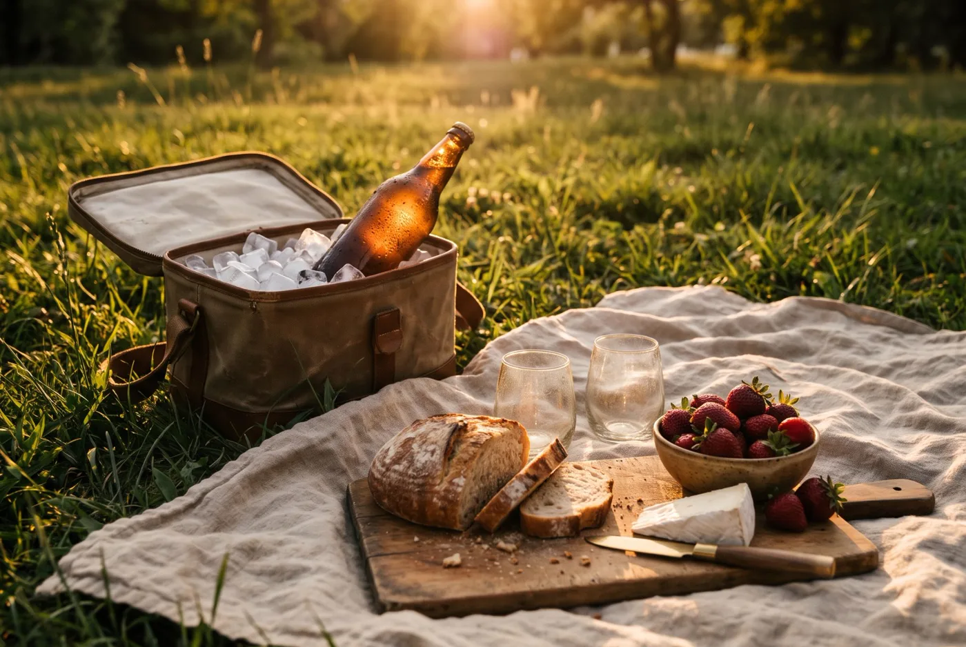 A cooler bag with an ice-cold bottle of beer beside bread, soft cheese and strawberries on a picnic blanket at sunset