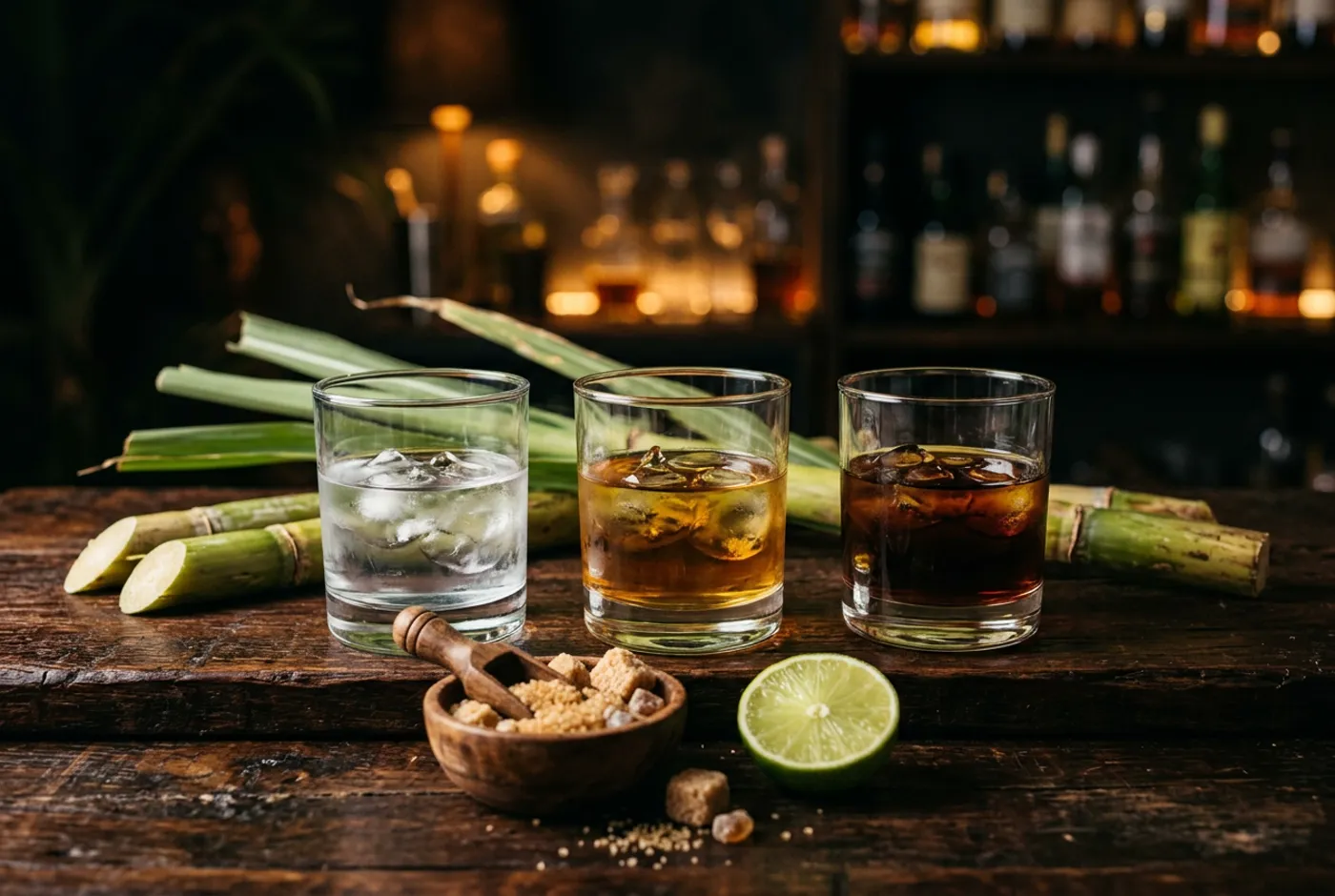 Three glasses of rum from clear to dark beside sugarcane stalks and brown sugar