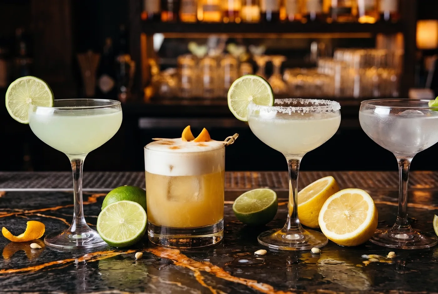 Four cocktails on a dark marble bar: a pale green daiquiri, a foamy golden whisky sour, a salt-rimmed margarita and a clear gimlet, with halved limes and lemons