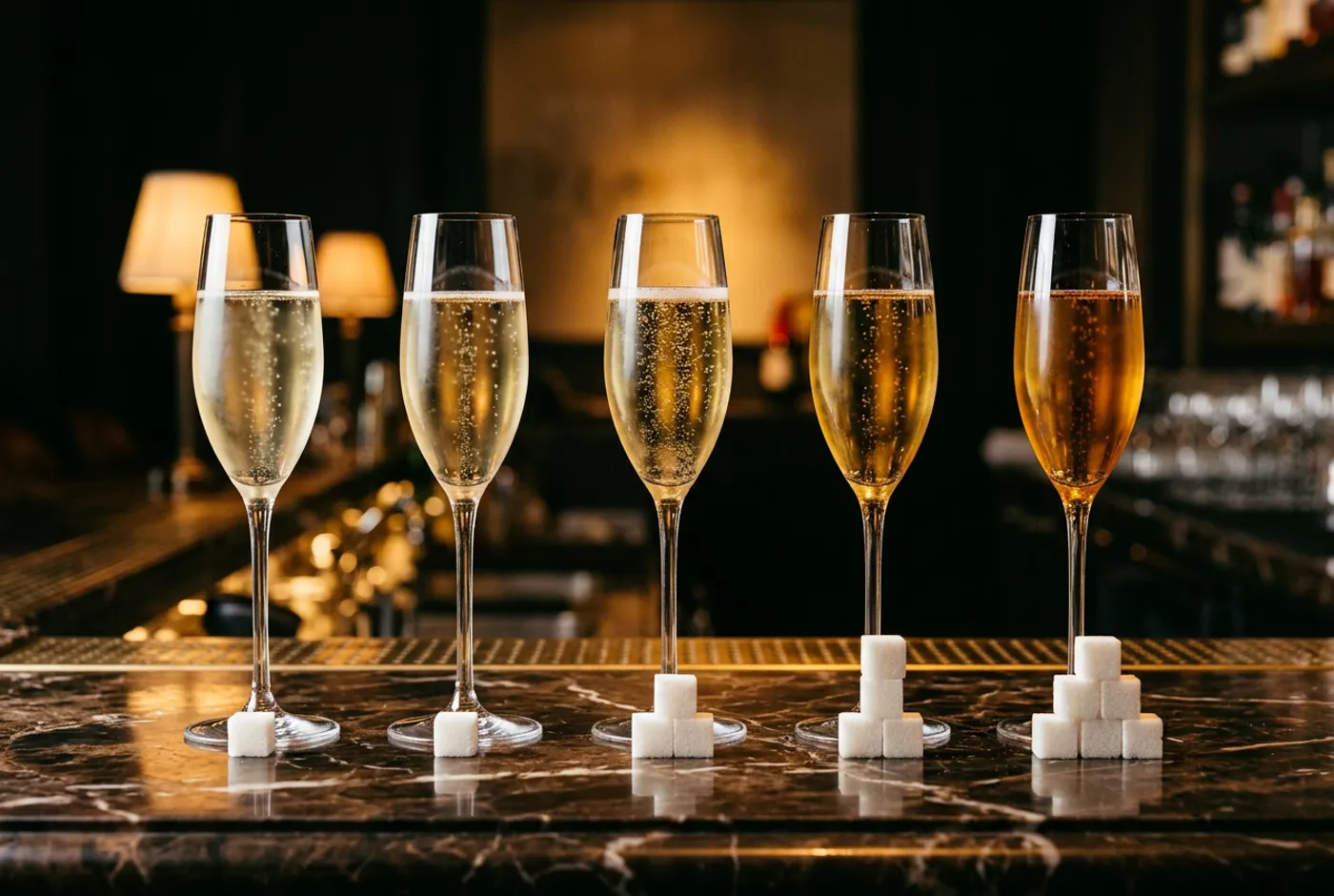 Five champagne flutes in a row with an increasing stack of sugar cubes in front of each