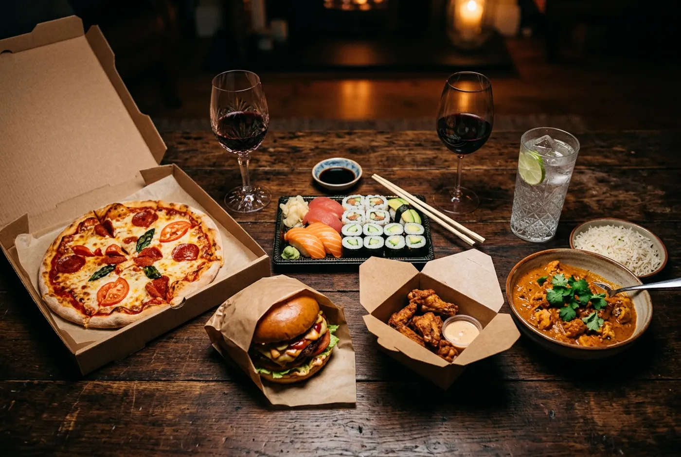 Pizza, sushi, a burger, fried chicken and curry on a dark table with wine glasses and a highball