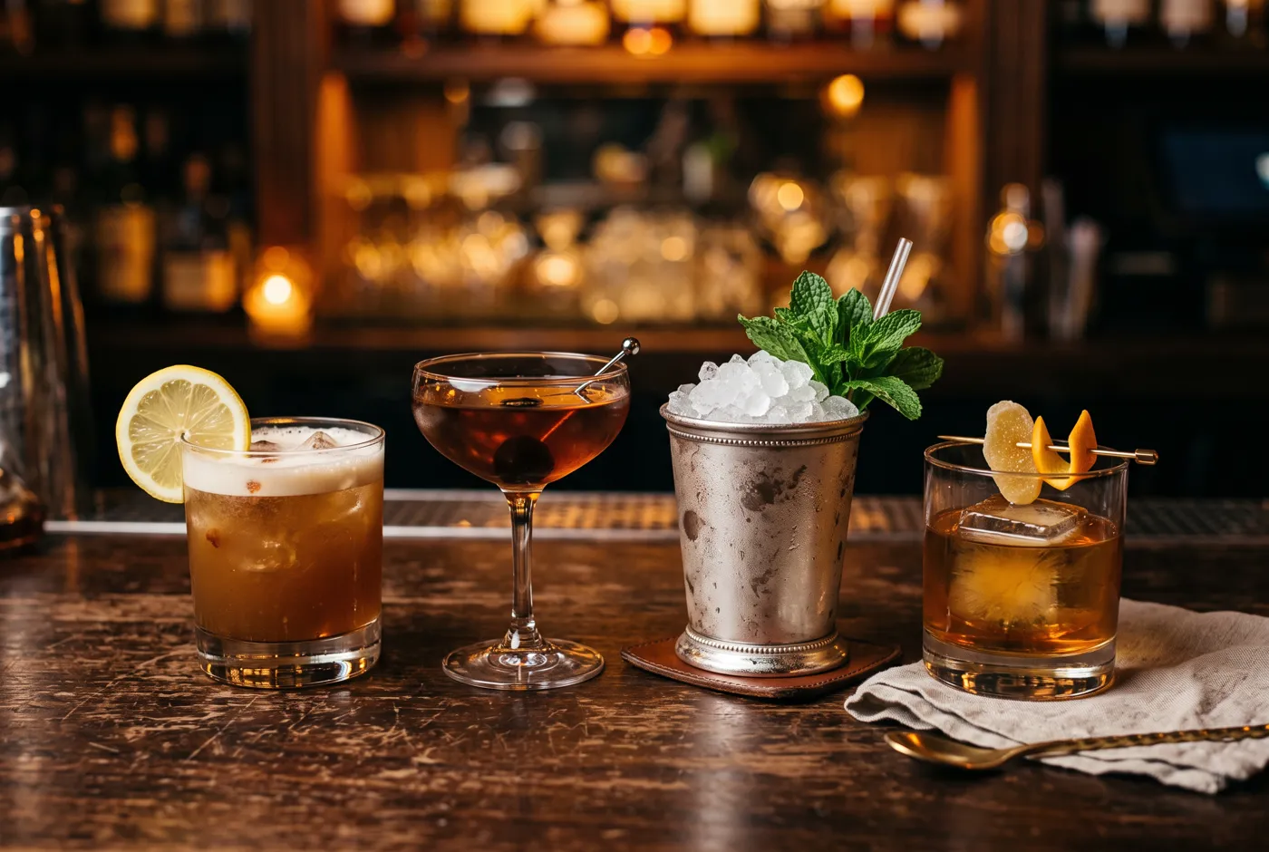 Four classic whiskey cocktails on a dark wooden bar