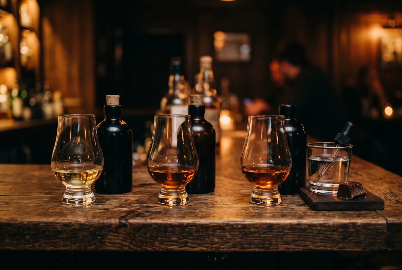 Three whiskey glasses in pale gold, amber and copper on a dark bar